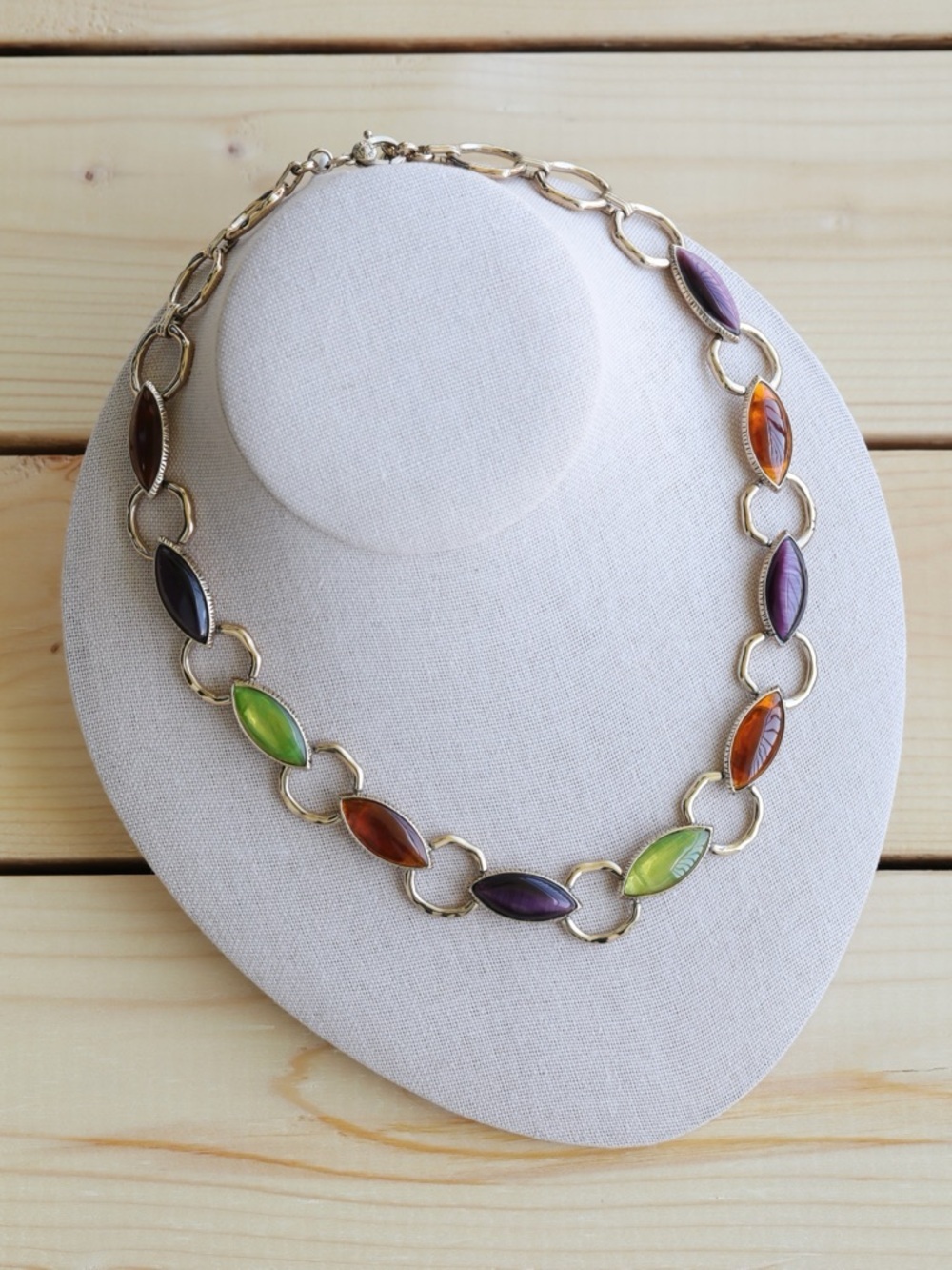 Vtg Signed Monet Gold Tone Marquise Multicolor Jewel Stone Cabochon Necklace EUC